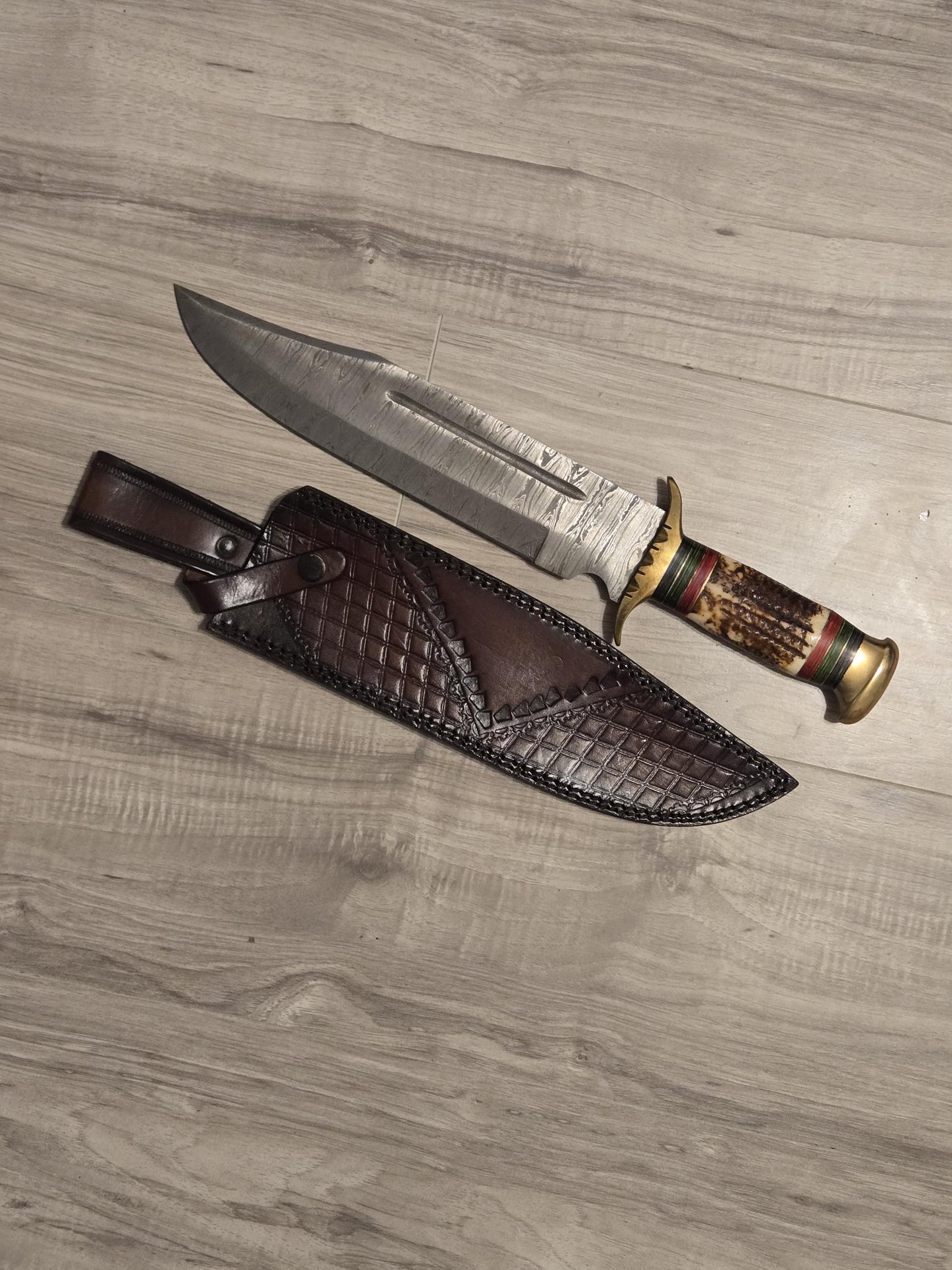 Handmade 17" Damascus Bowie Knife with Stag Horn Handle & Brass Bolsters | Hunting Collectible Gift with Sheath