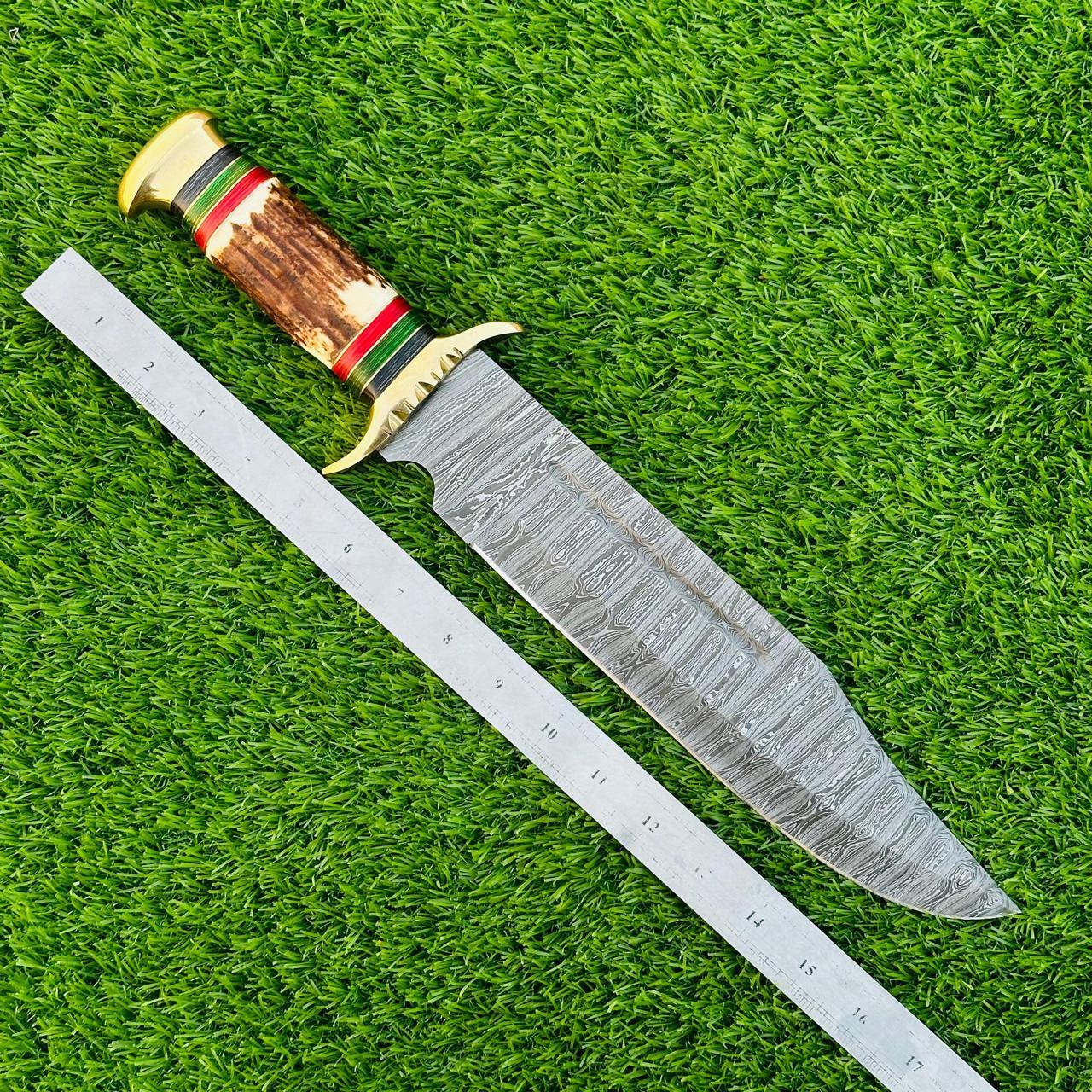 Handmade 17" Damascus Bowie Knife with Stag Horn Handle & Brass Bolsters | Hunting Collectible Gift with Sheath