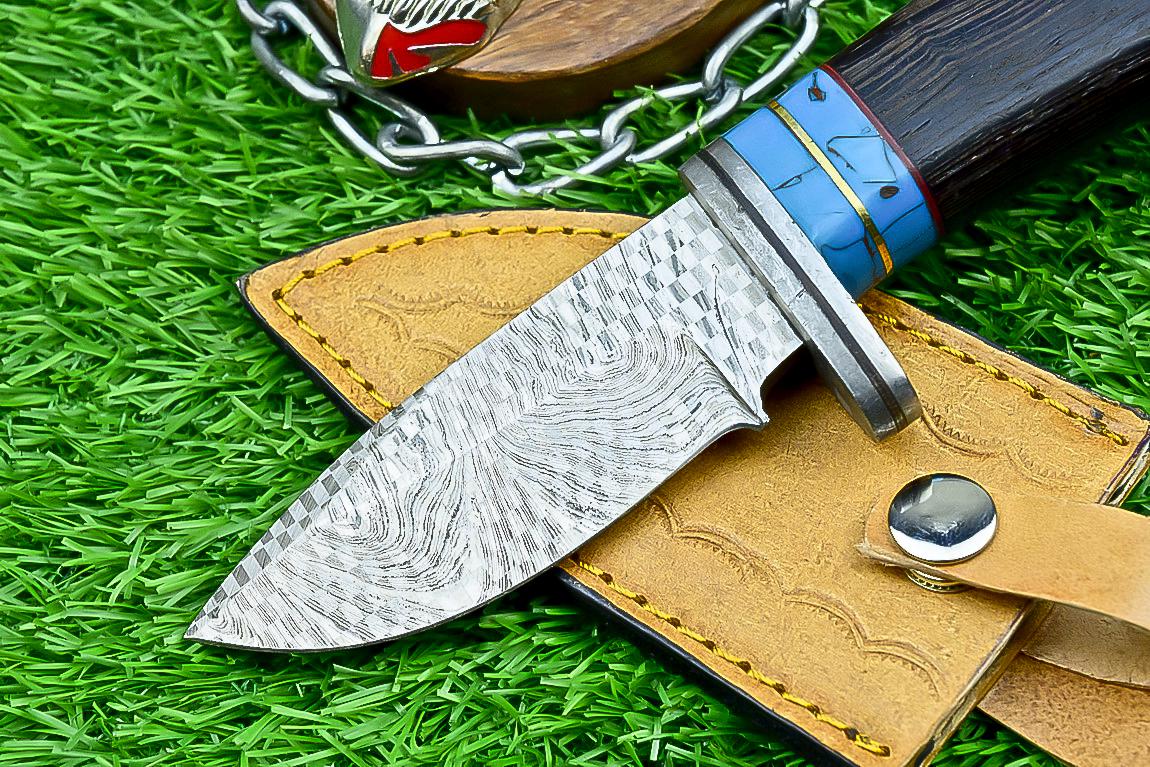 Handmade Damascus Steel Blade Hunting Knife 8.5" Overall, Skinning Knife, Leather Sheath, Perfect for Hunting, Camping, Outdoor & Collectors