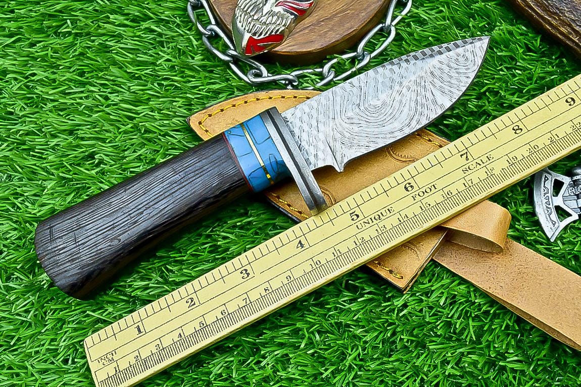 Handmade Damascus Steel Blade Hunting Knife 8.5" Overall, Skinning Knife, Leather Sheath, Perfect for Hunting, Camping, Outdoor & Collectors