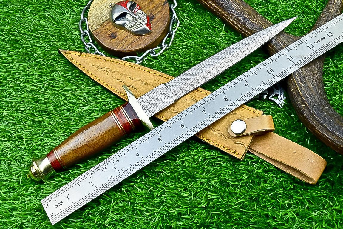 12” Handmade Bowie Knife with J2 Steel Etched Blade & Leather Sheath, Dagger Knife Gift for Him, Camping Survival Knife for Husband