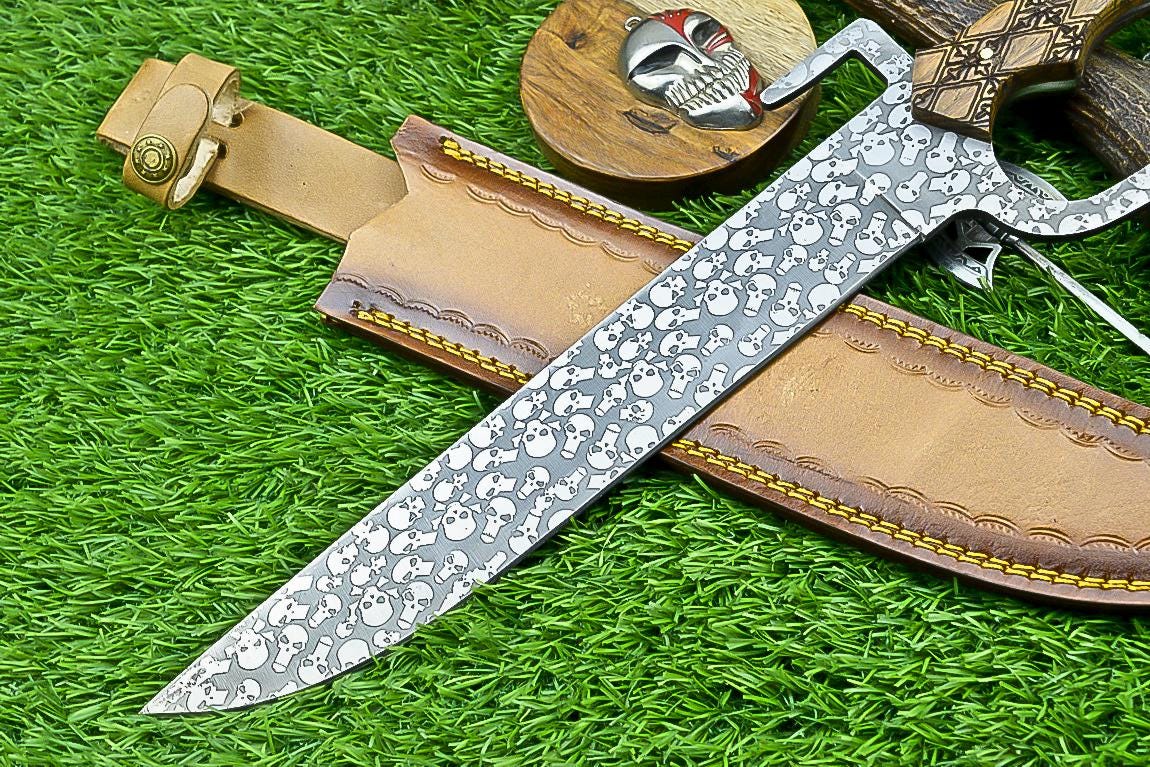 J2 Steel Hunting Knife 16" – Custom Handmade Etched Blade with Natural Wood Handle, Gift for Him, Outdoor & Camping Knife