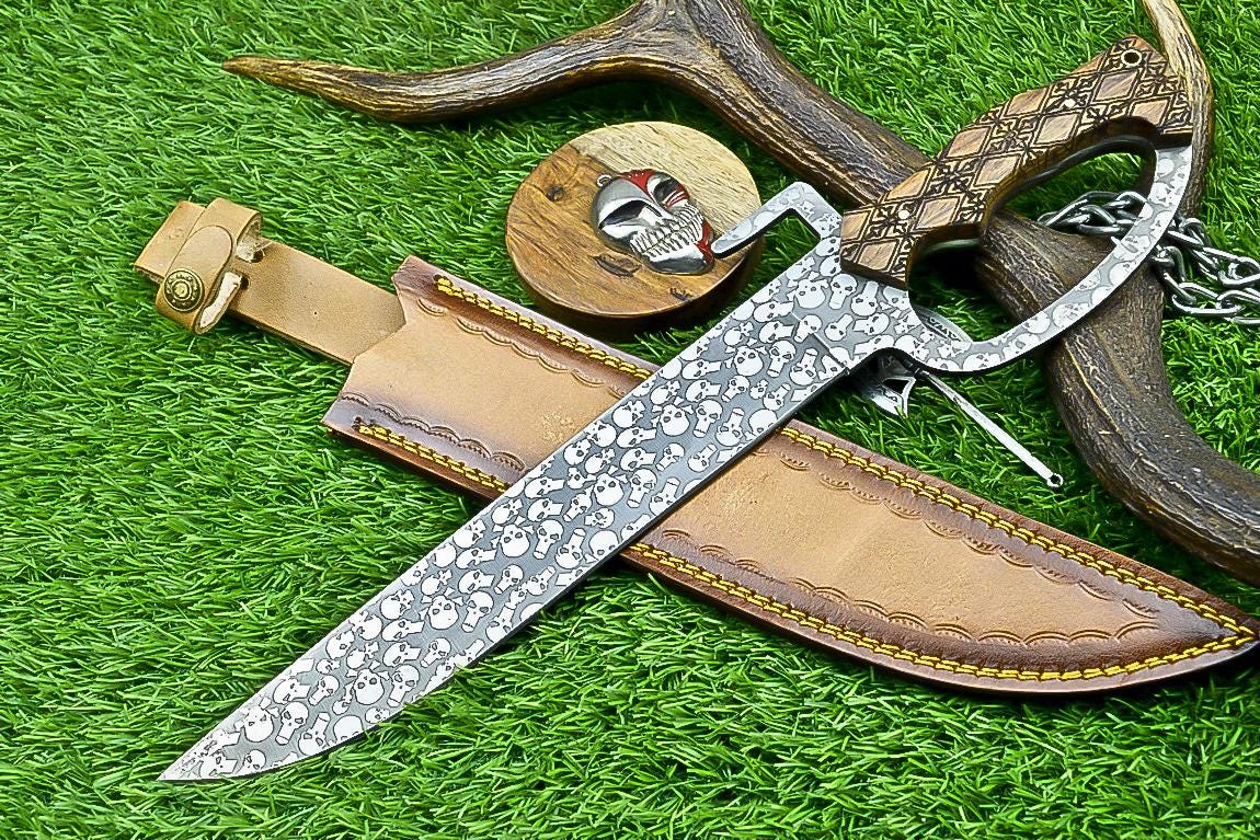 J2 Steel Hunting Knife 16" – Custom Handmade Etched Blade with Natural Wood Handle, Gift for Him, Outdoor & Camping Knife