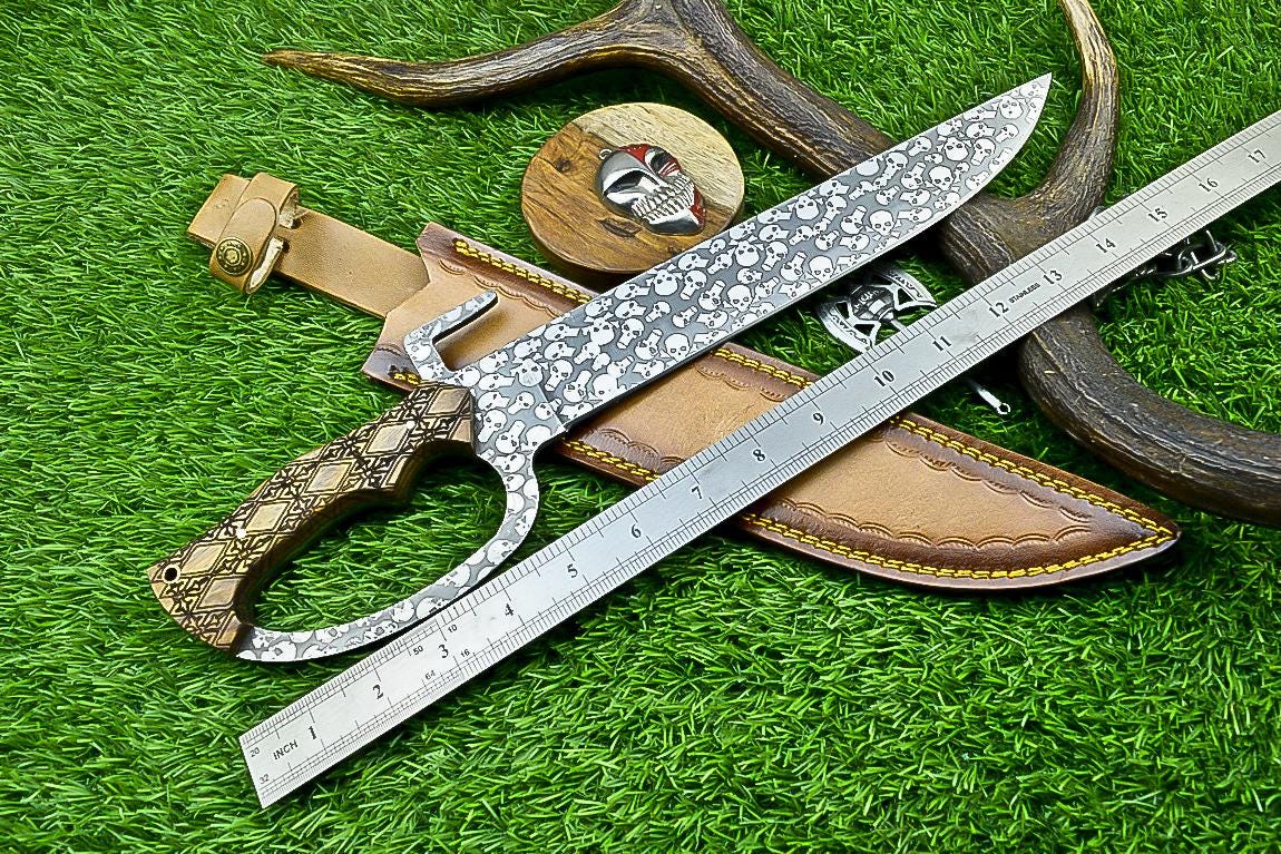 J2 Steel Hunting Knife 16" – Custom Handmade Etched Blade with Natural Wood Handle, Gift for Him, Outdoor & Camping Knife