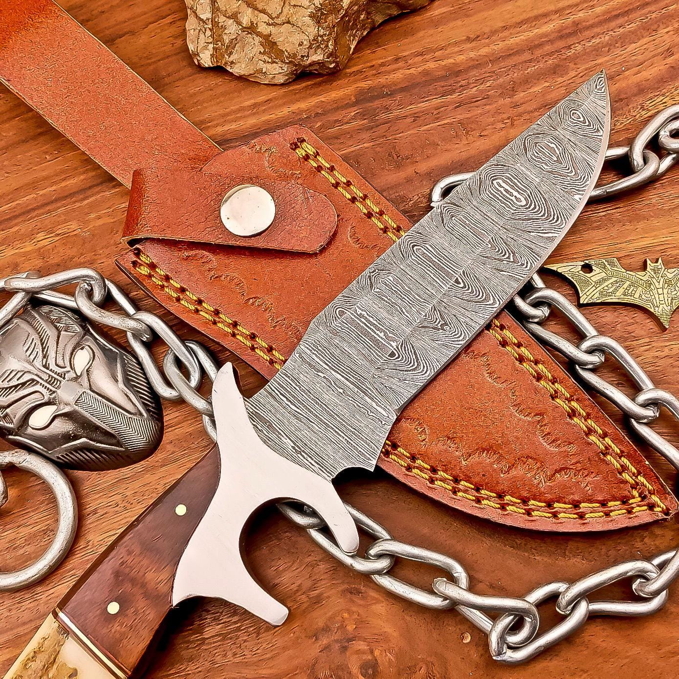 Damascus Bowie Knife 10" Handcrafted Stag Horn Handle, Steel Guard, Hunting & Camping Collectible Blade