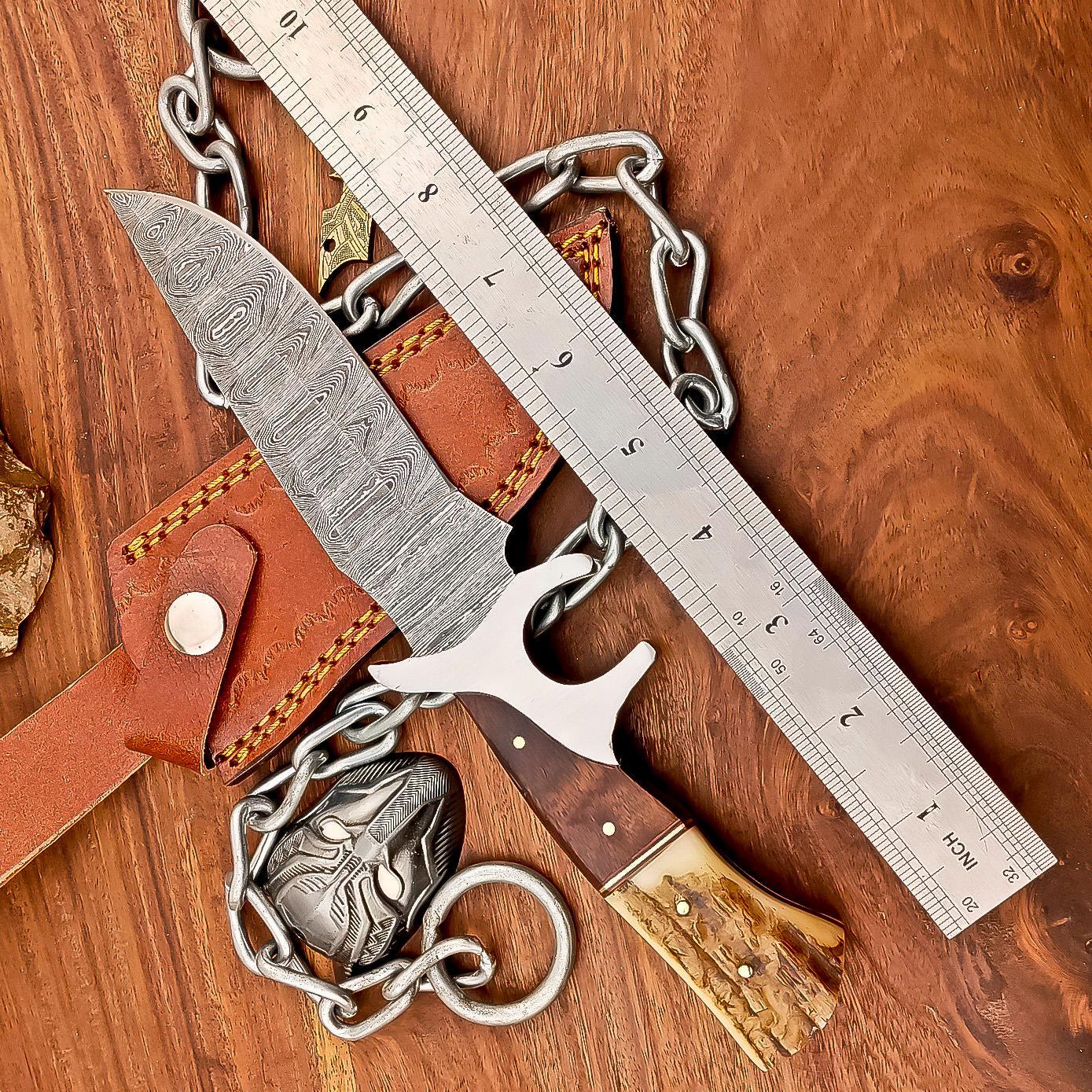 Damascus Bowie Knife 10" Handcrafted Stag Horn Handle, Steel Guard, Hunting & Camping Collectible Blade