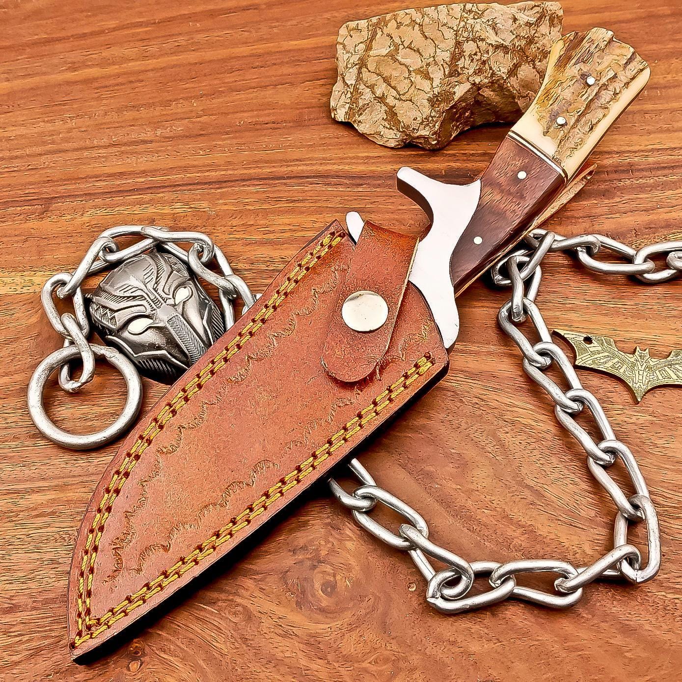 Damascus Bowie Knife 10" Handcrafted Stag Horn Handle, Steel Guard, Hunting & Camping Collectible Blade