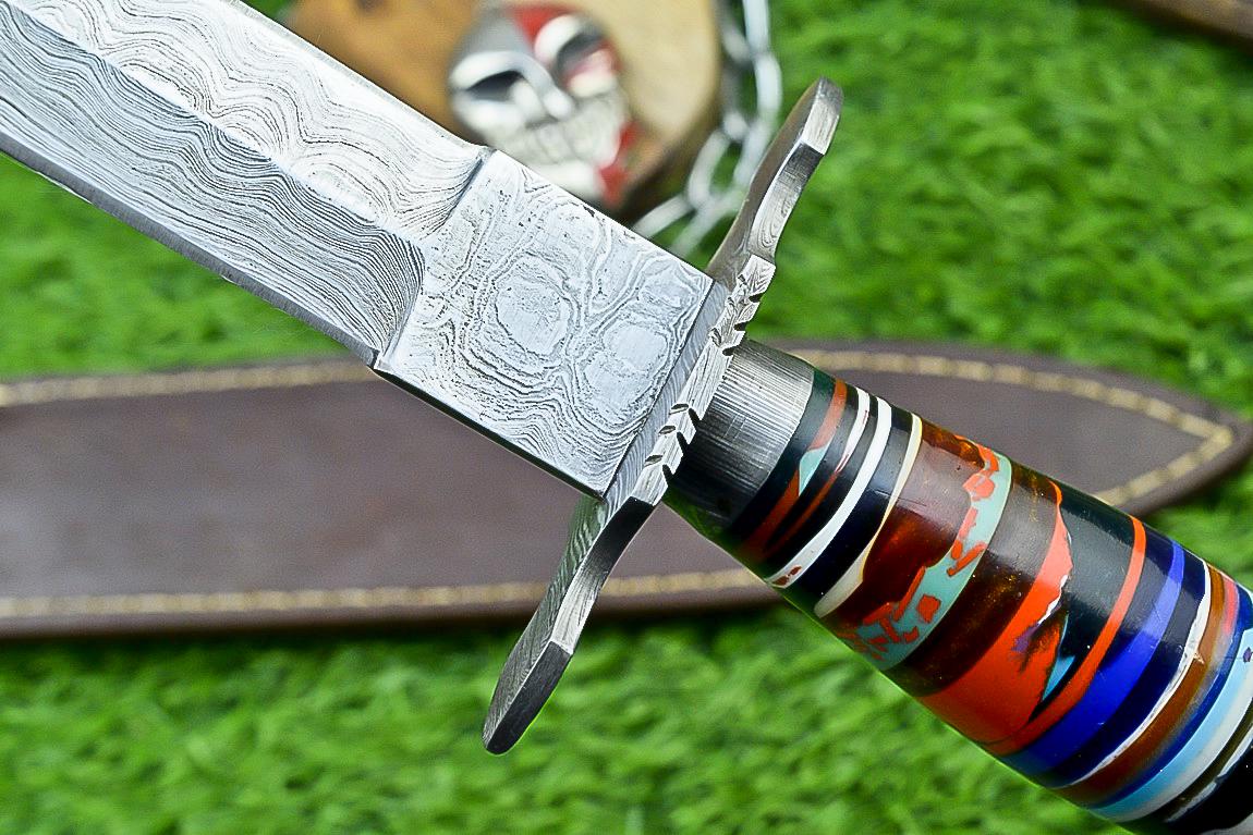 14.5" Handmade Damascus Steel Dagger Hunting Bowie Knife | Double Edge Blade, Resin Handle, Damascus Guard, Gift for Groomsmen, Wedding Gift