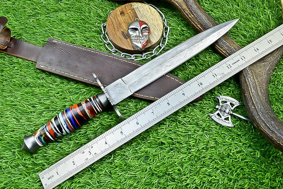 14.5" Handmade Damascus Steel Dagger Hunting Bowie Knife | Double Edge Blade, Resin Handle, Damascus Guard, Gift for Groomsmen, Wedding Gift