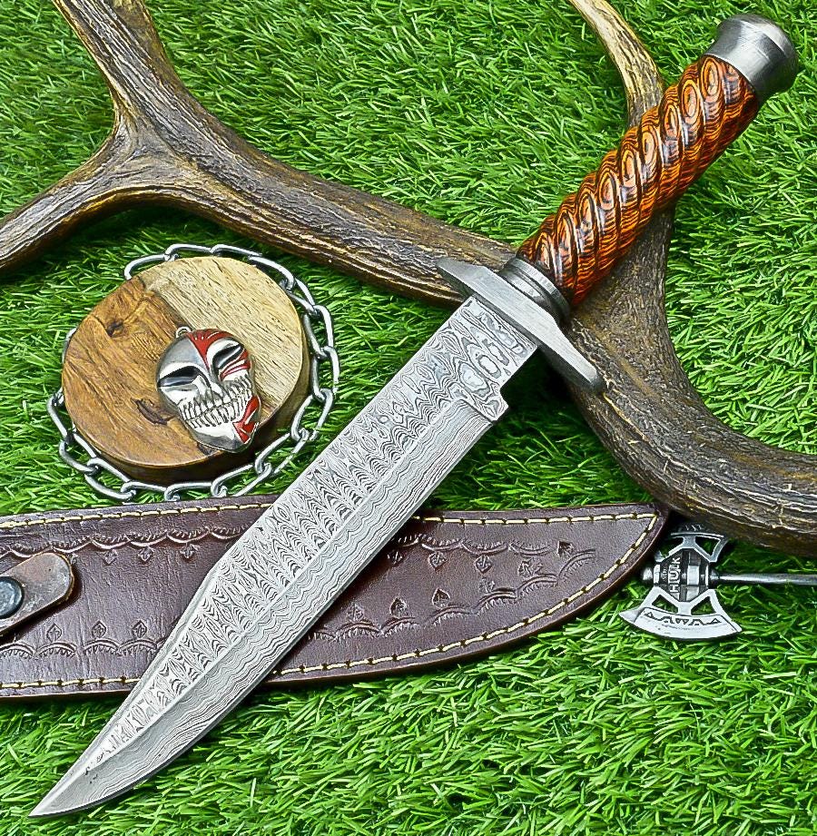 Bowie Knife Handmade Damascus Steel 14" Hunting Knife with Hardwood Handle, Custom Gift for Him & Groomsmen, Wedding Present