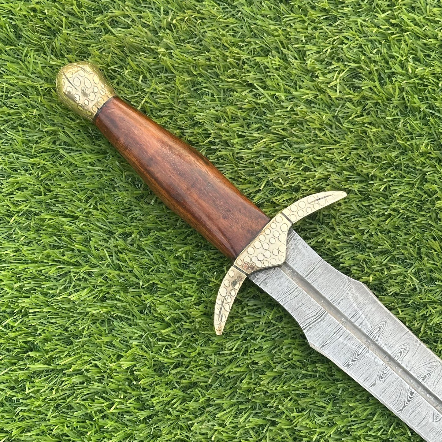 Handmade Damascus Steel Medieval Sword 22 Inch | Rosewood Handle | Brass Bolster | Leather Scabbard | Collectible Sword | Gift for Him