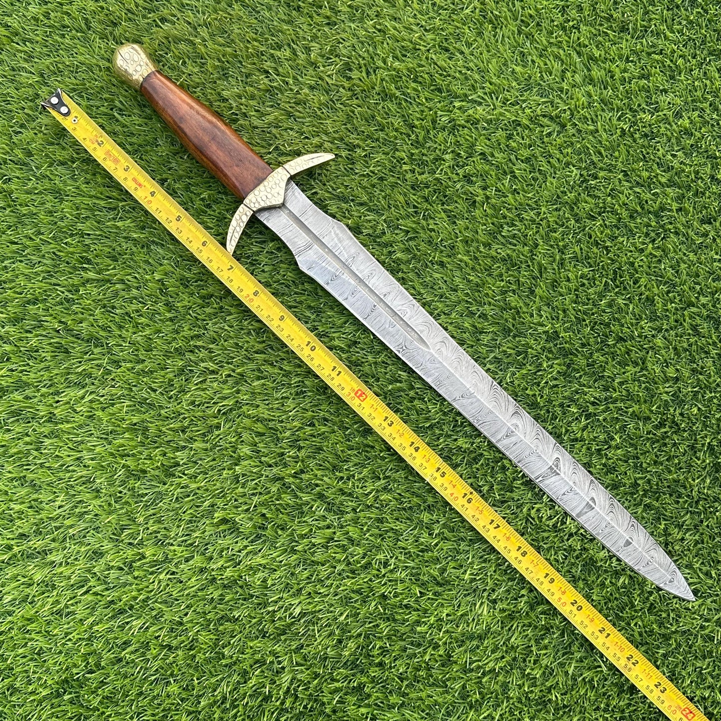 Handmade Damascus Steel Medieval Sword 22 Inch | Rosewood Handle | Brass Bolster | Leather Scabbard | Collectible Sword | Gift for Him