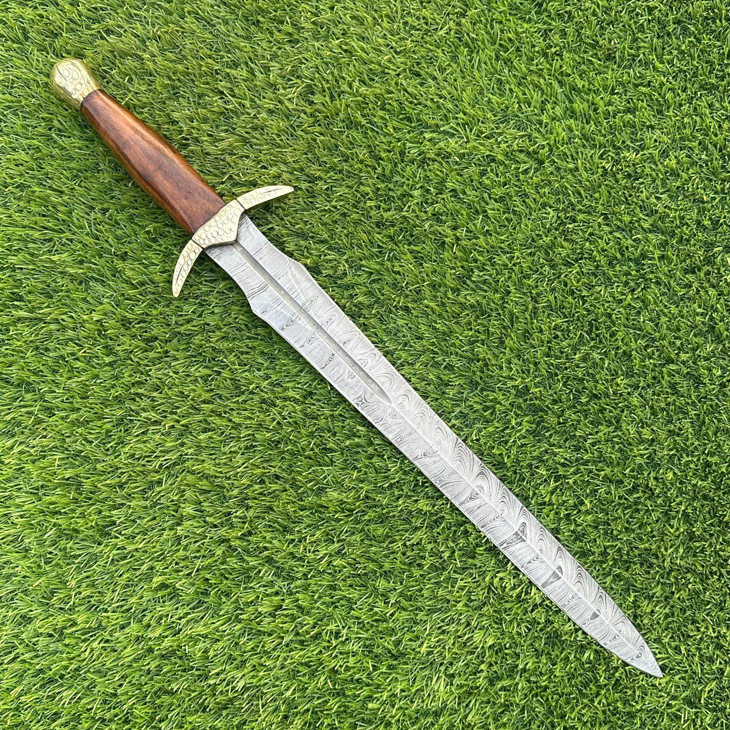 Handmade Damascus Steel Medieval Sword 22 Inch | Rosewood Handle | Brass Bolster | Leather Scabbard | Collectible Sword | Gift for Him