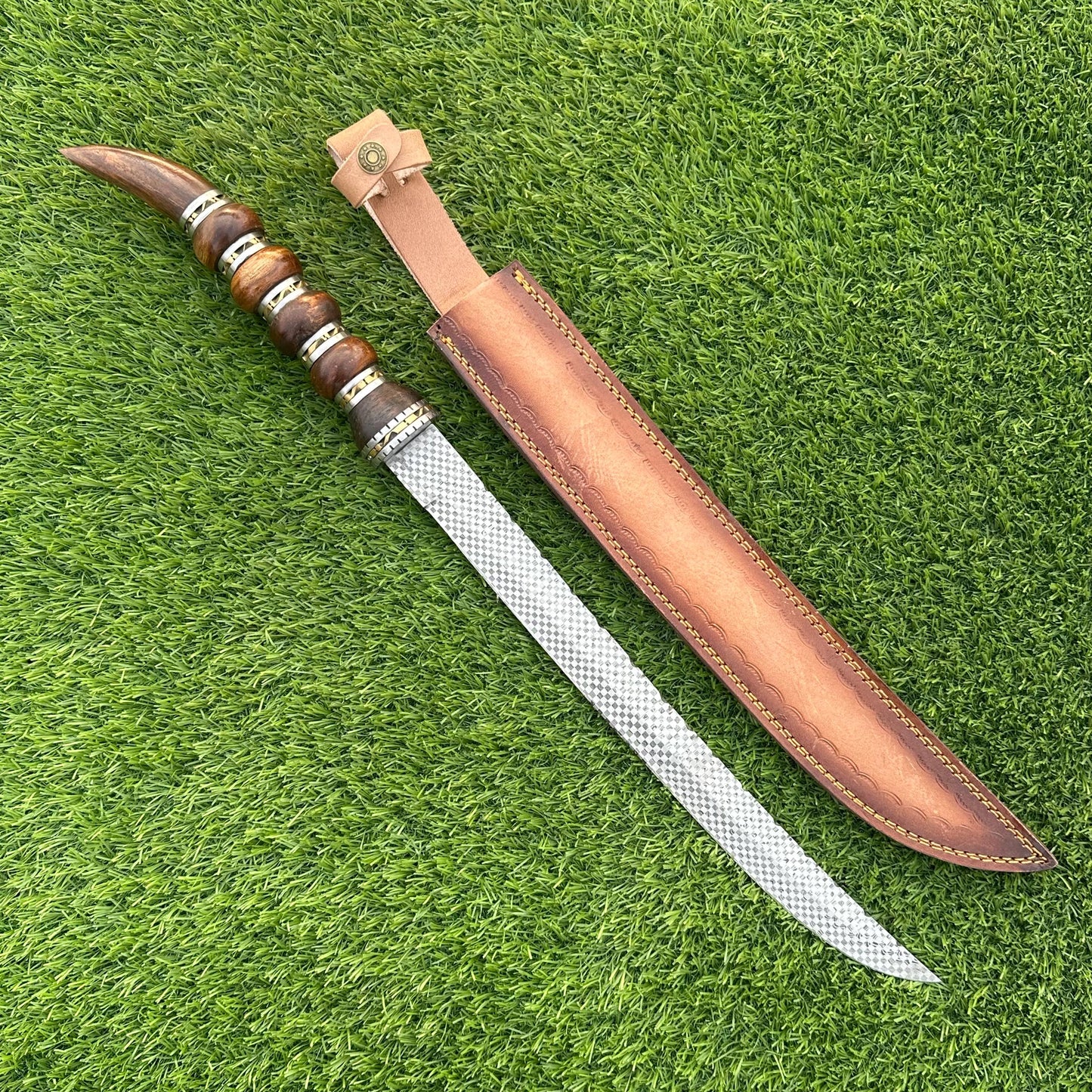 Handmade Damascus Steel Sword 23 Inch | Etched Blade | Rosewood Handle | Leather Sheath | Collectible Sword | Gift for Him