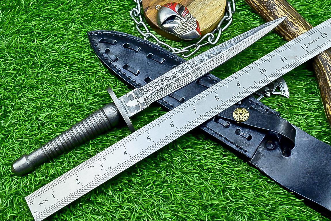 Damascus Steel Dagger Knife 12.5" Handmade Double Edge Blade with Leather Sheath - Collectible Gift for Him & Groomsmen