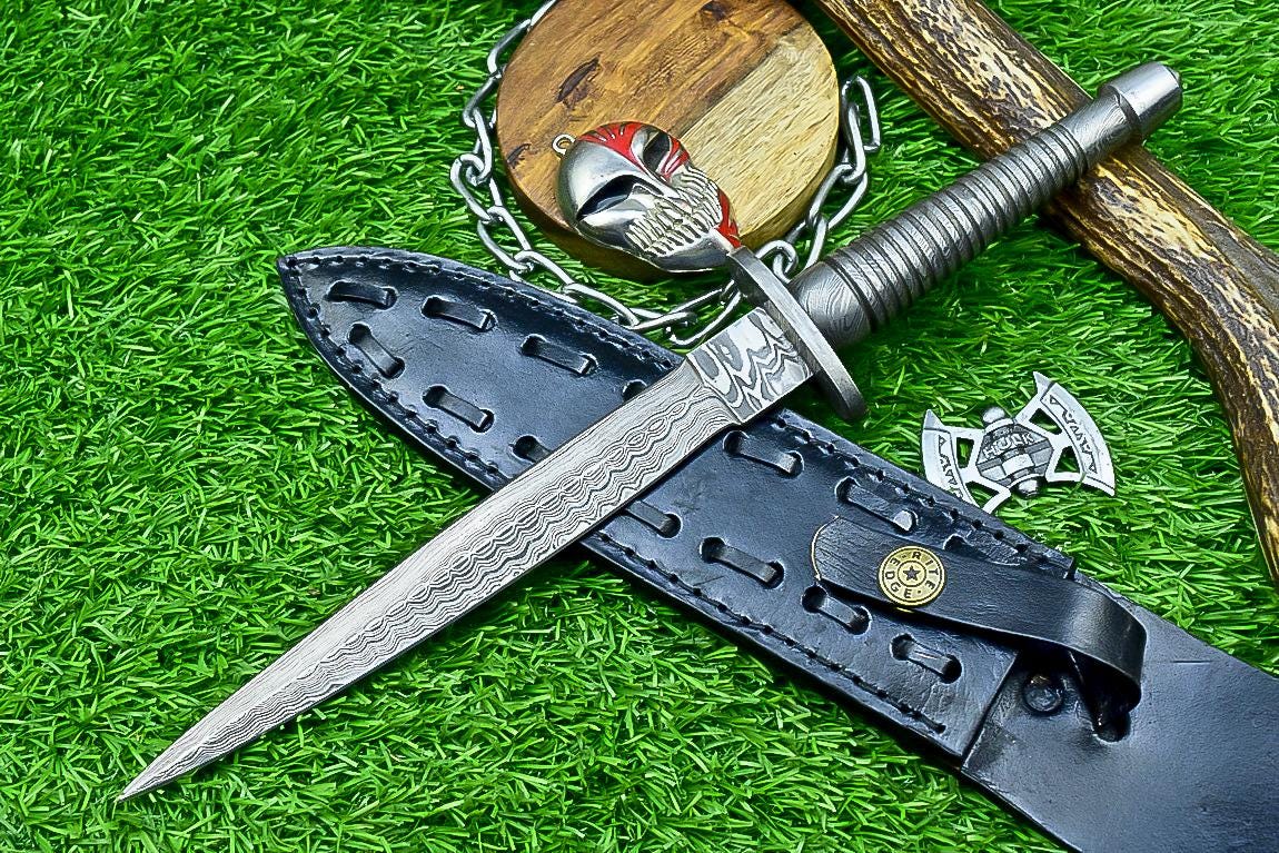 Damascus Steel Dagger Knife 12.5" Handmade Double Edge Blade with Leather Sheath - Collectible Gift for Him & Groomsmen