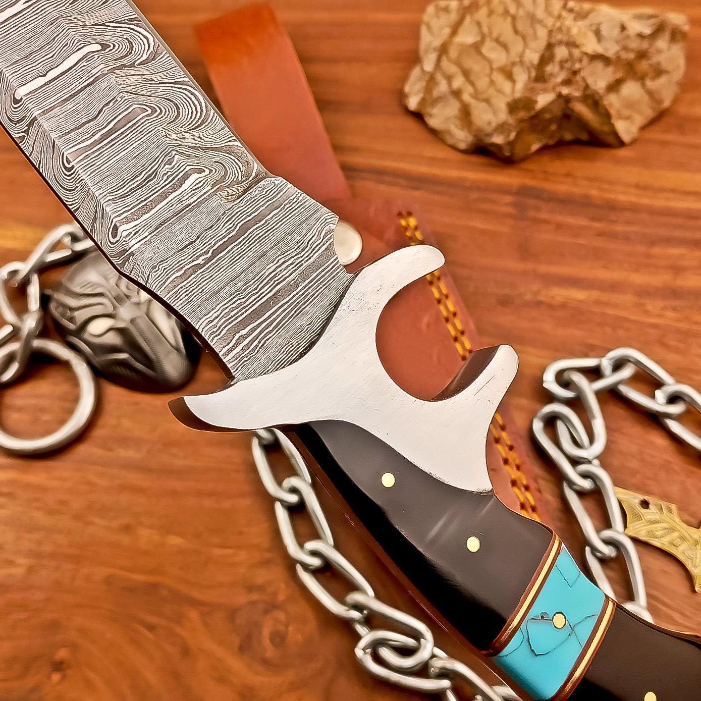 Handcrafted 10" Damascus Bowie Knife –Resin, Damascus Steel Blade & Steel Guard – Premium Quality for Hunting, Camping, Collectors