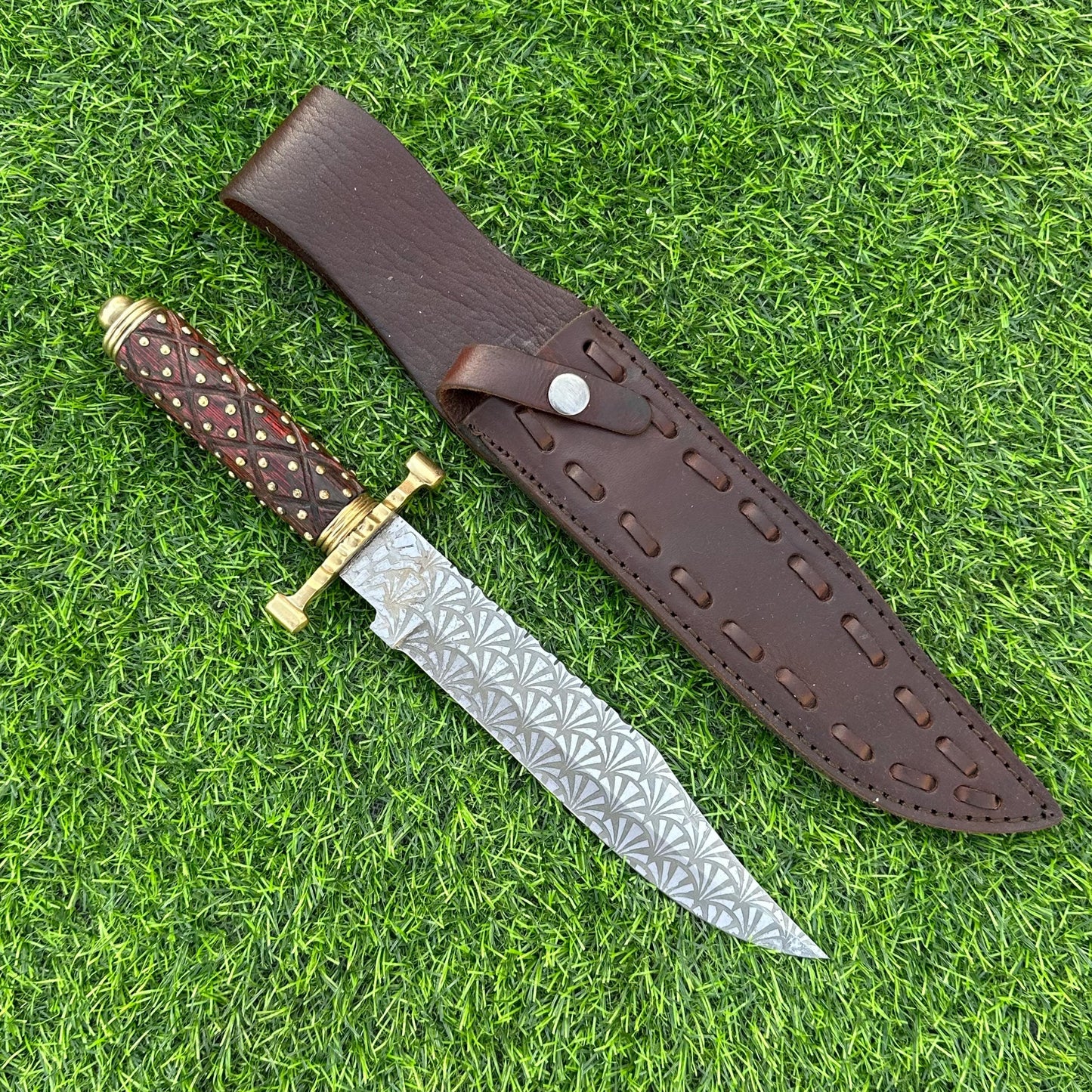 Handmade J2 Steel Bowie Knife with Etched Blade & Wood Handle, Custom Hunting Knife with Sheath Gift for Him, Unique Collectible Blade