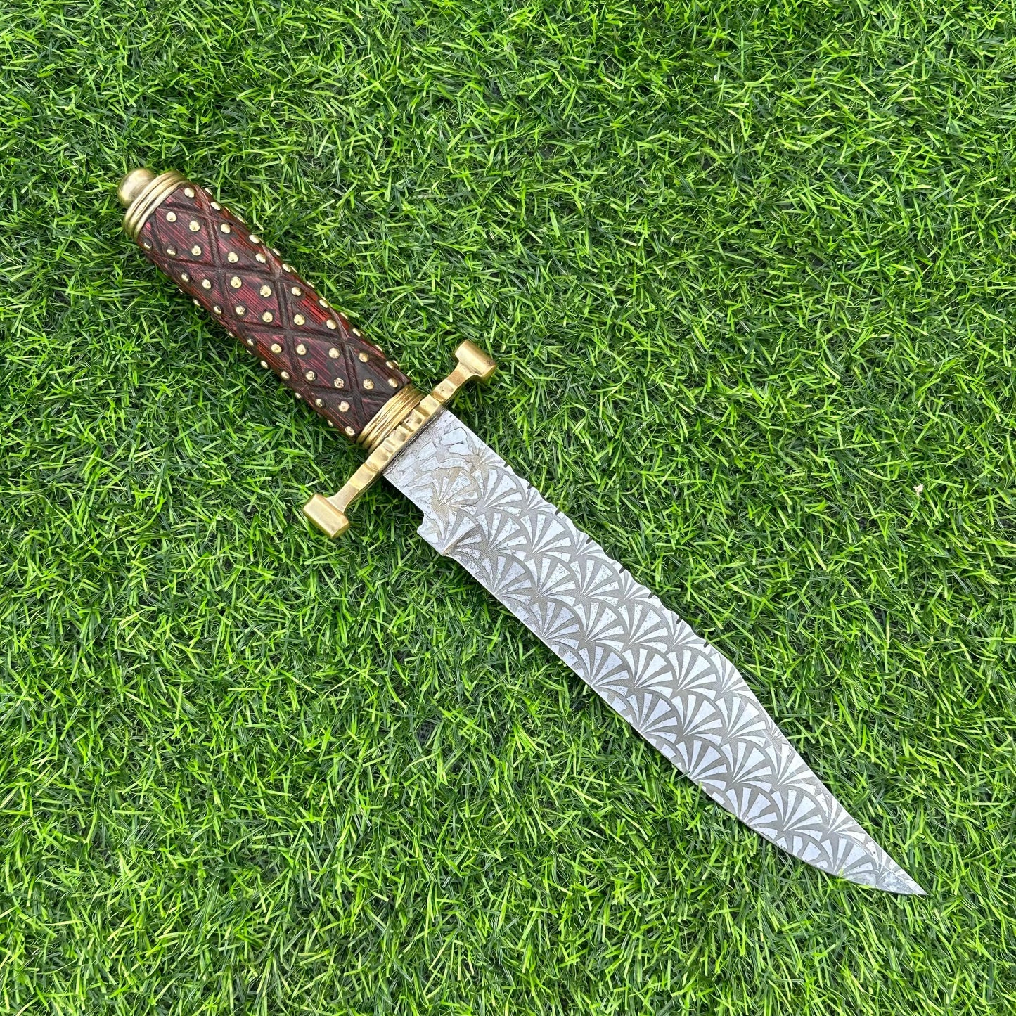 Handmade J2 Steel Bowie Knife with Etched Blade & Wood Handle, Custom Hunting Knife with Sheath Gift for Him, Unique Collectible Blade