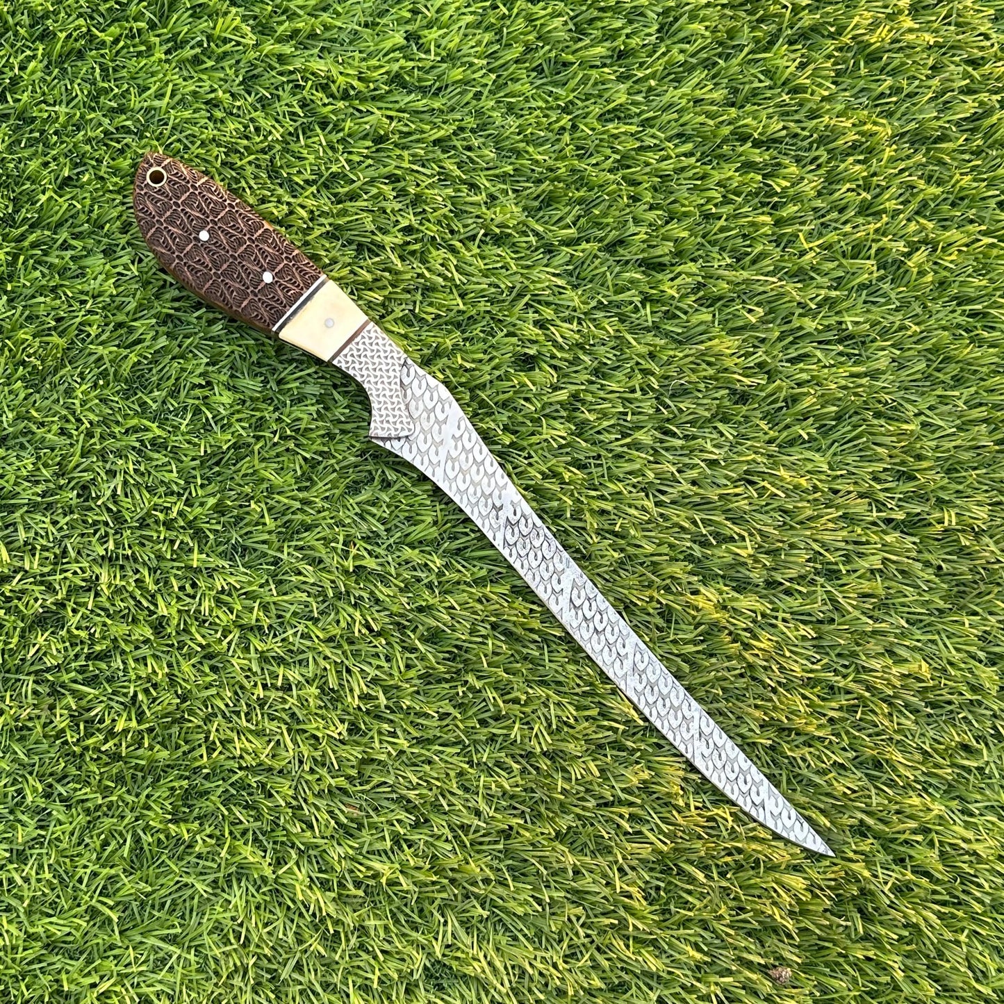 Custom 13" Fillet Knife with J2 Steel Etched Blade, Rosewood Camel Bone Handle – Precision Fishing & Kitchen Cutlery Tool