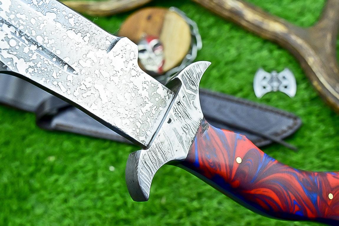 Handmade J2 Steel Bowie Knife 15" | Resin | Damascus Guard | Etched Blade, Full Tang Knife, Collectible Bowie, Husband Anniversary Present