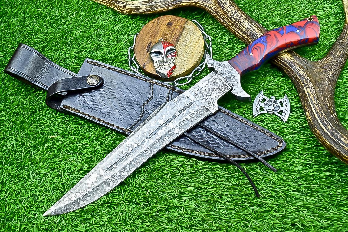 Handmade J2 Steel Bowie Knife 15" | Resin | Damascus Guard | Etched Blade, Full Tang Knife, Collectible Bowie, Husband Anniversary Present