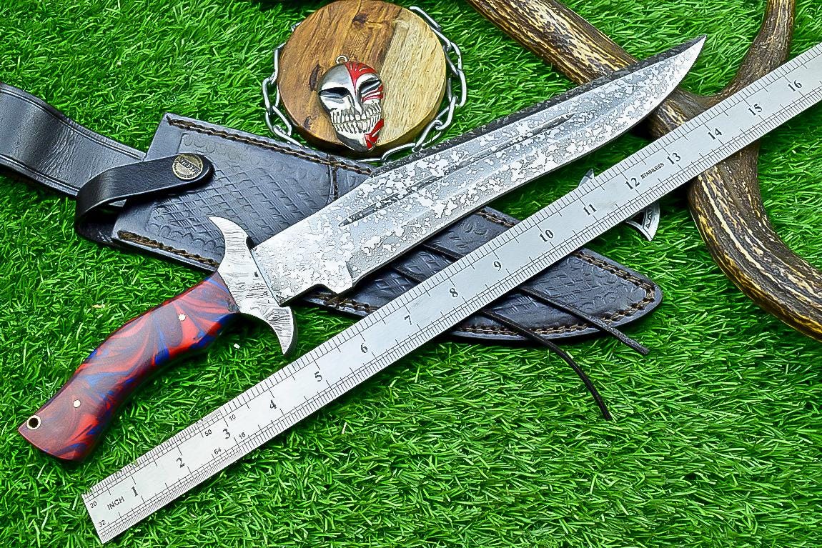 Handmade J2 Steel Bowie Knife 15" | Resin | Damascus Guard | Etched Blade, Full Tang Knife, Collectible Bowie, Husband Anniversary Present