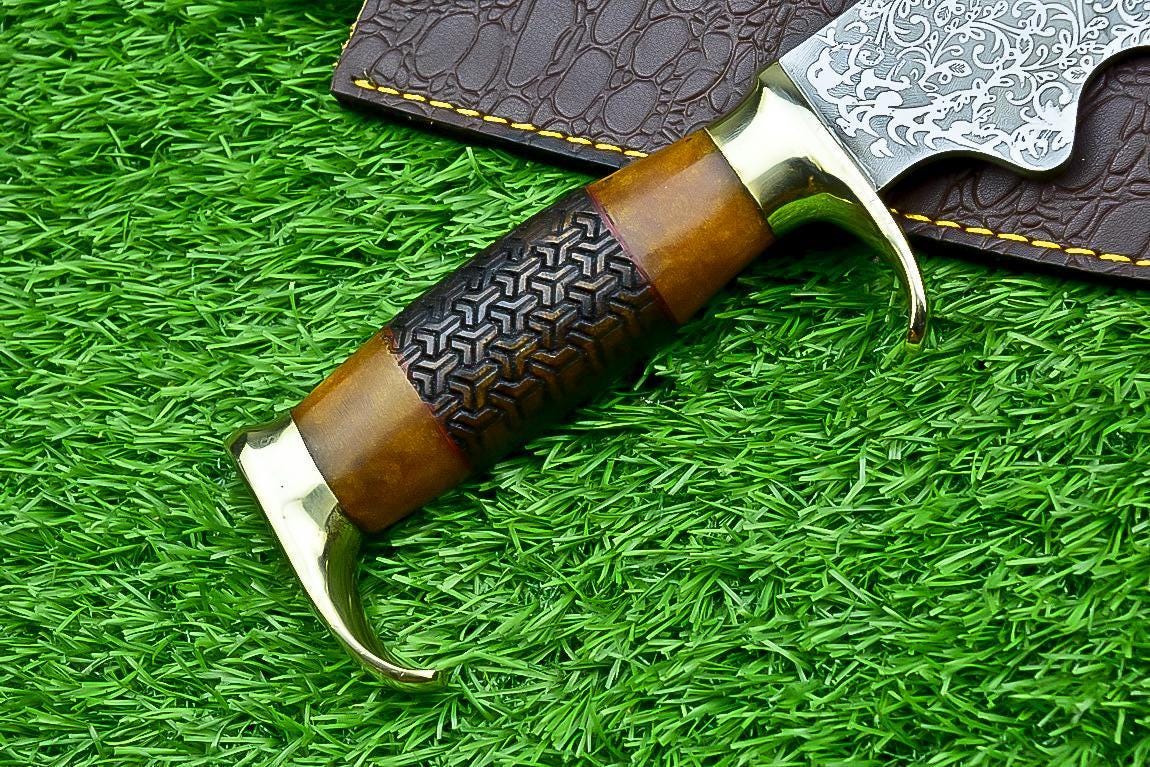 Handmade J2 Steel Bowie Knife with Resin & Natural Wood Handle, Brass Guard, Rat Tail Tang – Collectible Gift for Him