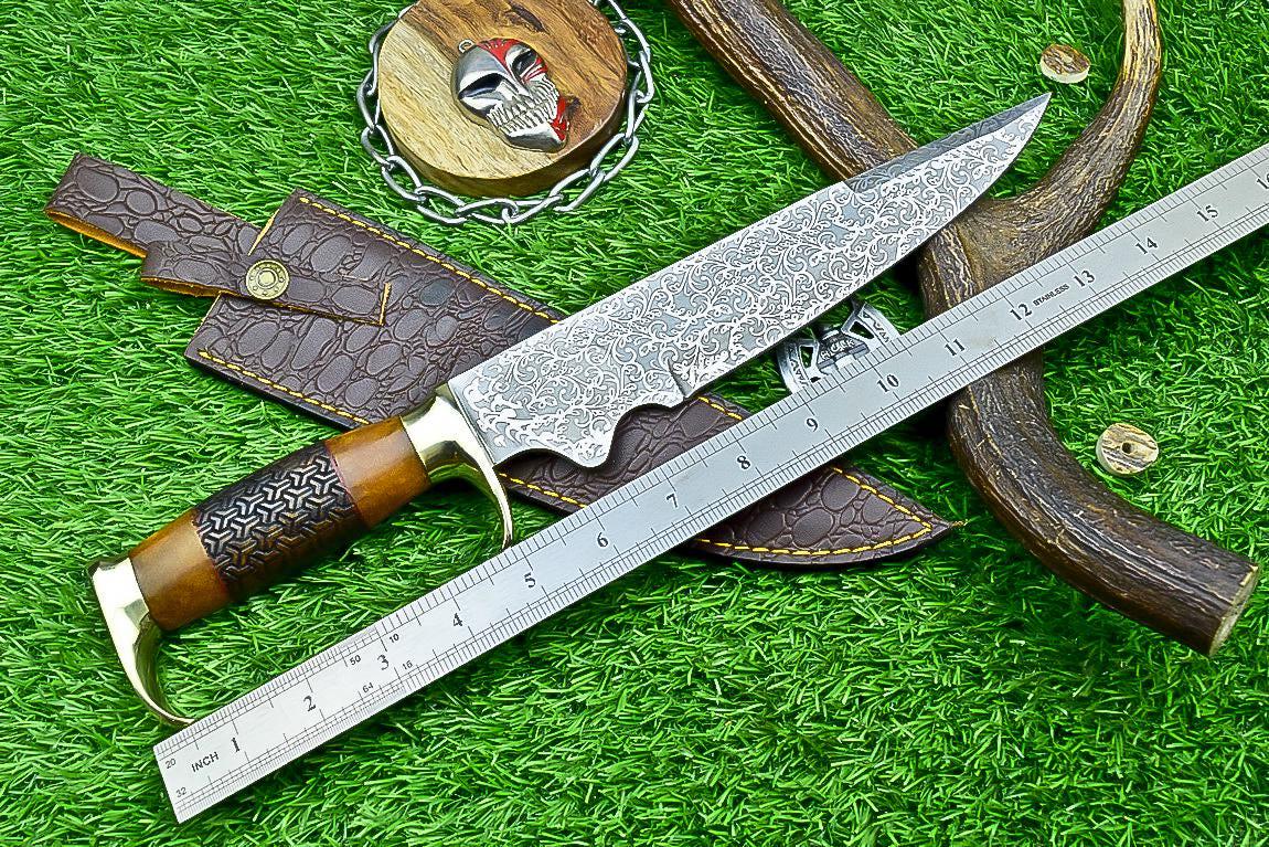 Handmade J2 Steel Bowie Knife with Resin & Natural Wood Handle, Brass Guard, Rat Tail Tang – Collectible Gift for Him