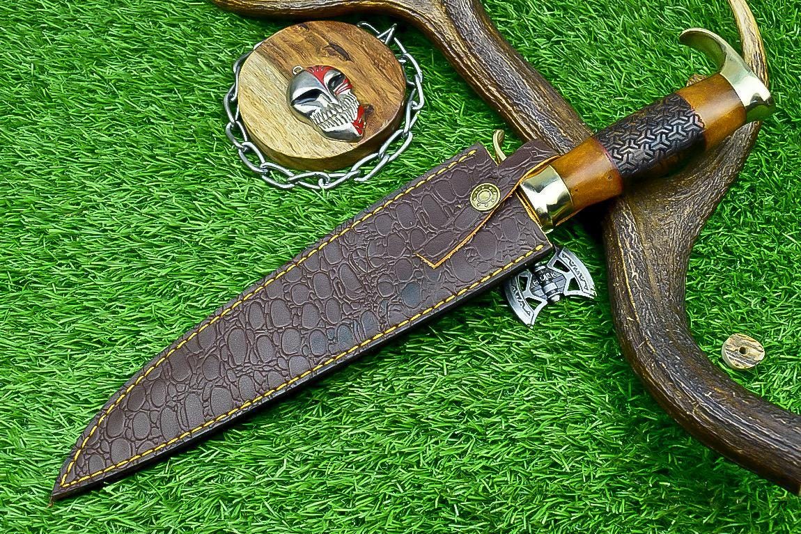 Handmade J2 Steel Bowie Knife with Resin & Natural Wood Handle, Brass Guard, Rat Tail Tang – Collectible Gift for Him