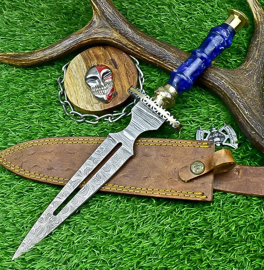 Damascus Steel Handmade 15" Hunting Bowie Dagger Knife with Resin Handle & Brass Bolster – Double Edge Blade Gift for Groomsmen Weddings