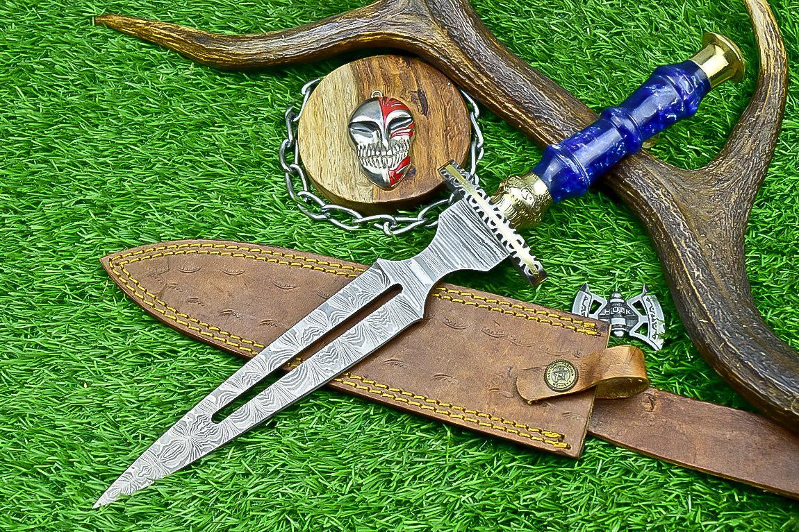Damascus Steel Handmade 15" Hunting Bowie Dagger Knife with Resin Handle & Brass Bolster – Double Edge Blade Gift for Groomsmen Weddings