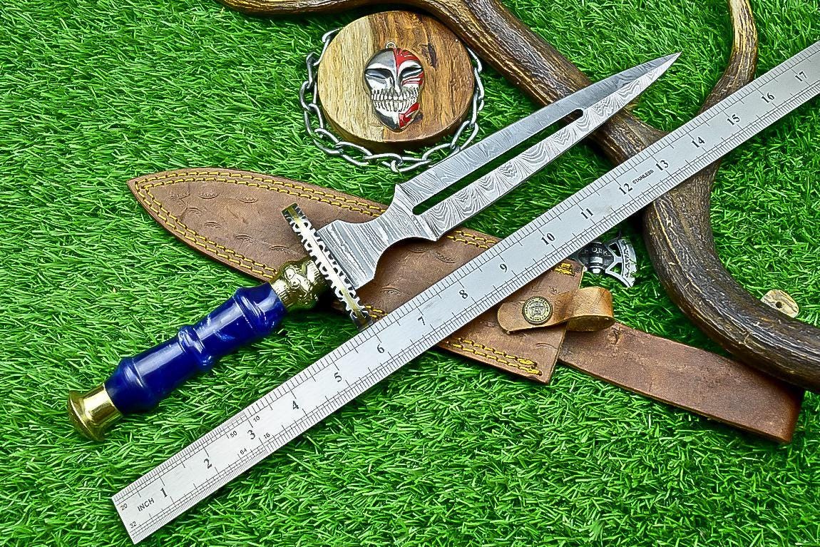 Damascus Steel Handmade 15" Hunting Bowie Dagger Knife with Resin Handle & Brass Bolster – Double Edge Blade Gift for Groomsmen Weddings