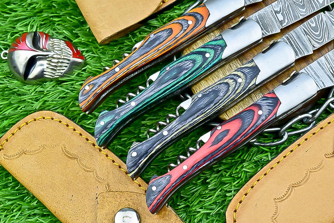 Handmade Damascus Pocket Knives Lot of 4 | 8.5" EDC Folding Knives with Pakka Wood Handles | Slip Joint Blades | Gift for Him
