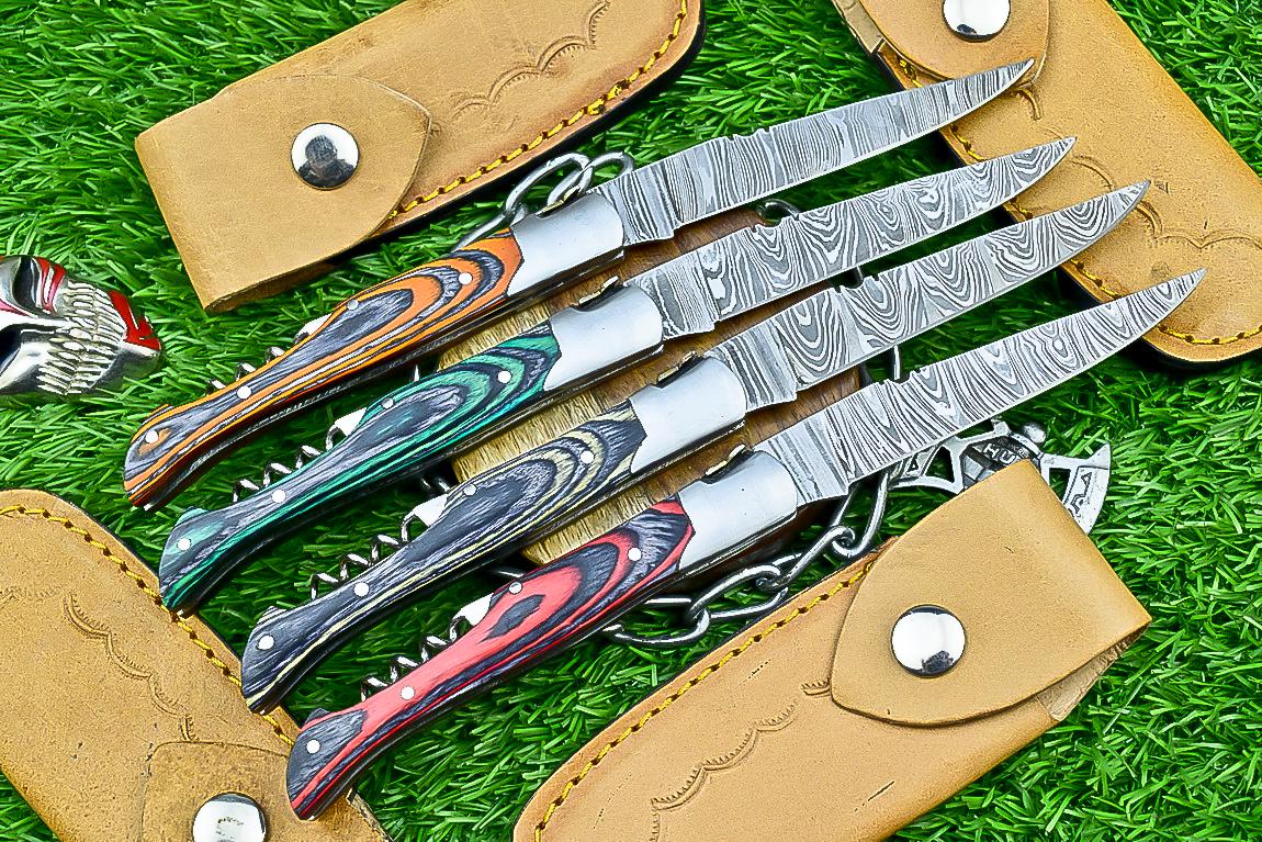 Handmade Damascus Pocket Knives Lot of 4 | 8.5" EDC Folding Knives with Pakka Wood Handles | Slip Joint Blades | Gift for Him