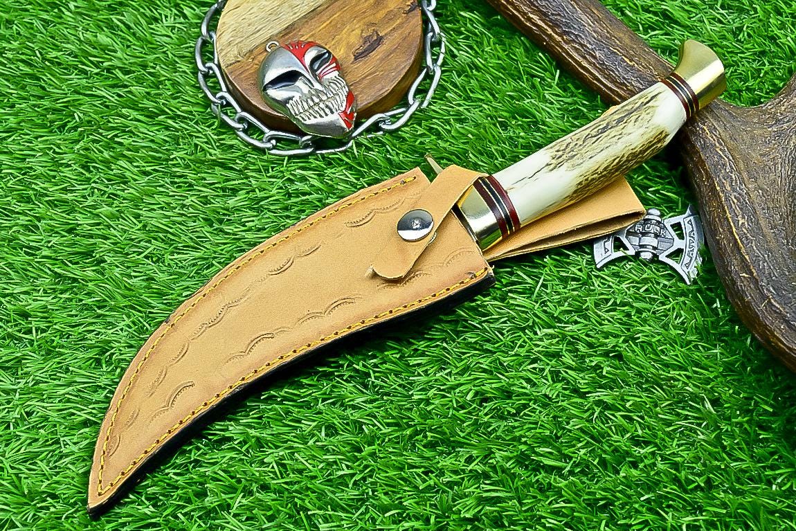 Handmade Hunting Knife 11" | J2 Steel Blade | Stag Antler Handle with Brass Bolster | Fixed Blade Knife | Gift for Him