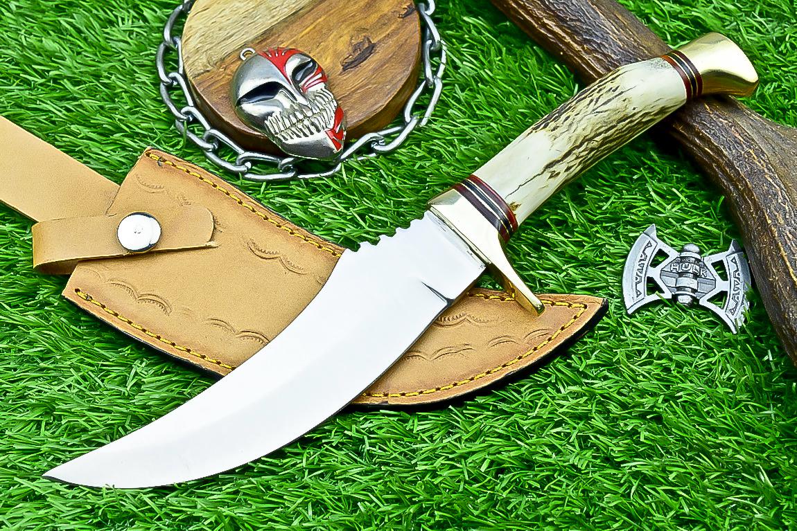 Handmade Hunting Knife 11" | J2 Steel Blade | Stag Antler Handle with Brass Bolster | Fixed Blade Knife | Gift for Him