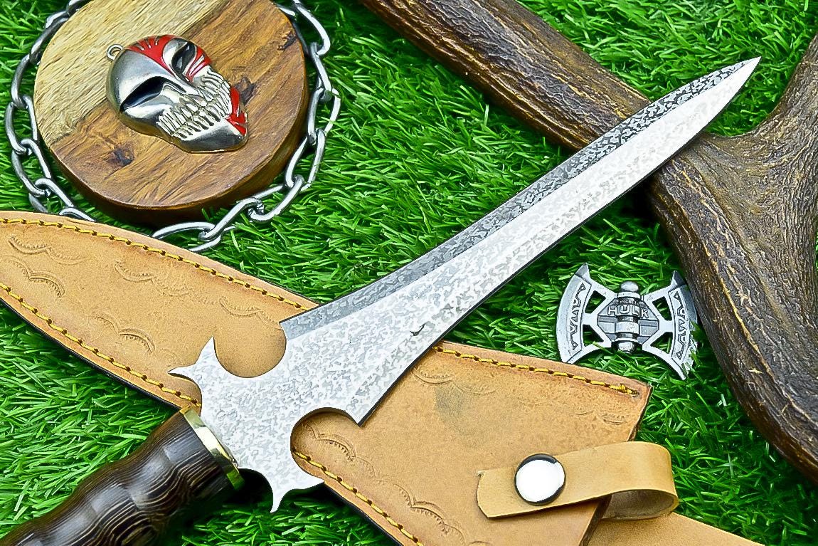 13” Handmade Bowie Knife with J2 Steel Etched Blade & Leather Sheath, Dagger Knife Gift for Him, Camping Survival Knife for Husband.