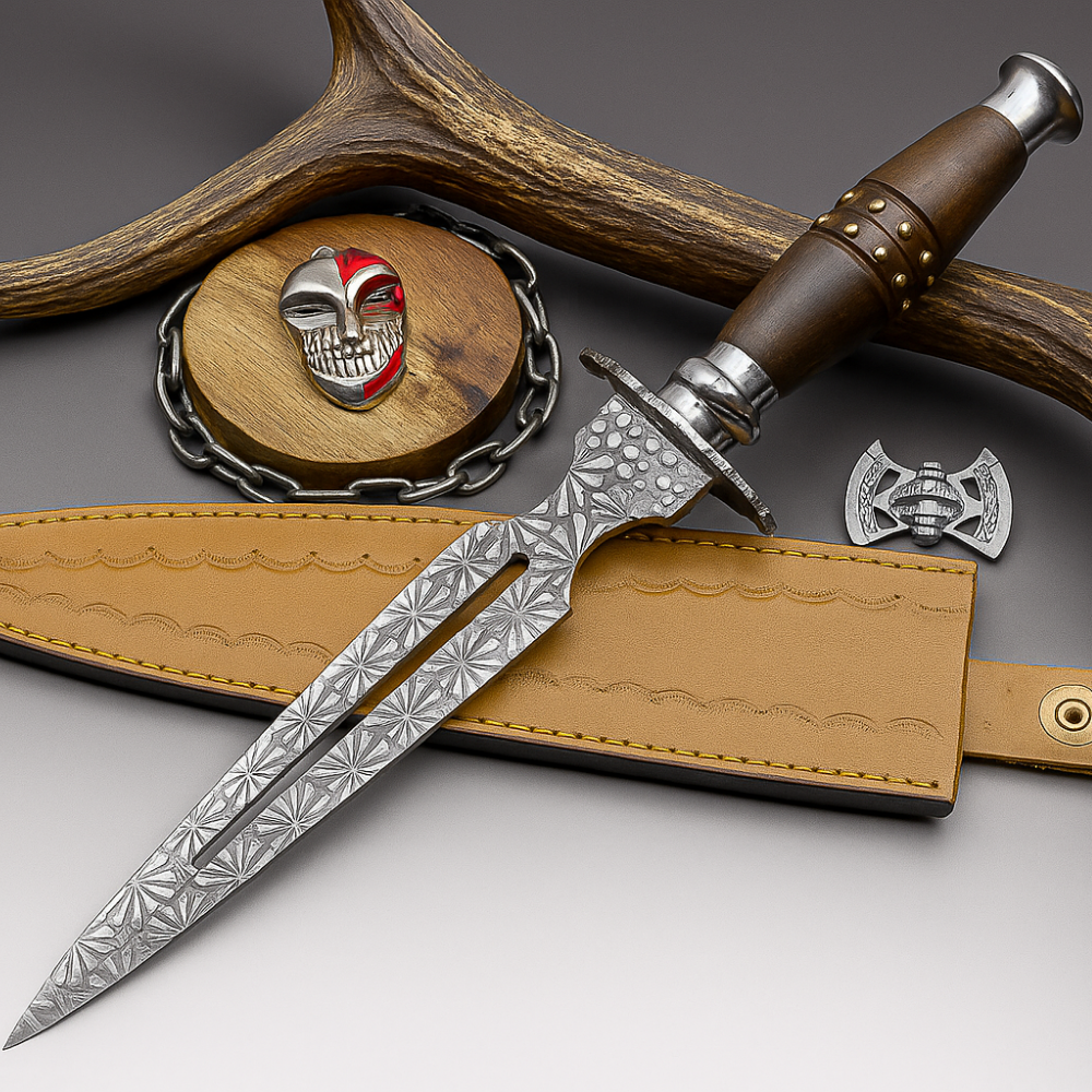 Damascus Steel Double Blade Fantasy Dagger with Leather Sheath and Bleach Mask Keychain | SN-794