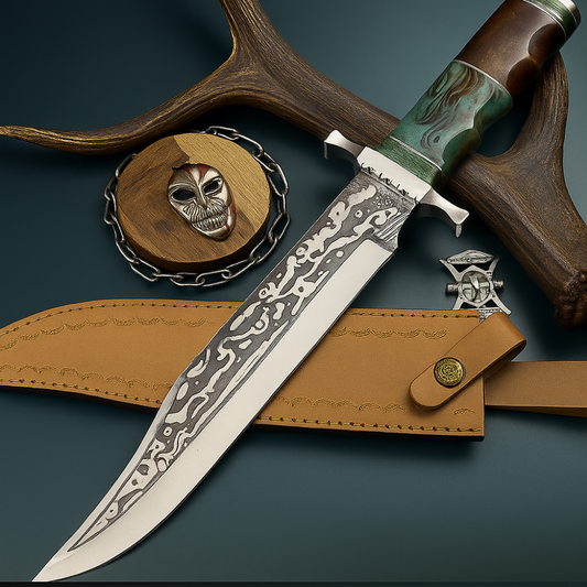 Custom Handmade Damascus Steel Bowie Knife with Turquoise and Walnut Handle | UN-8215