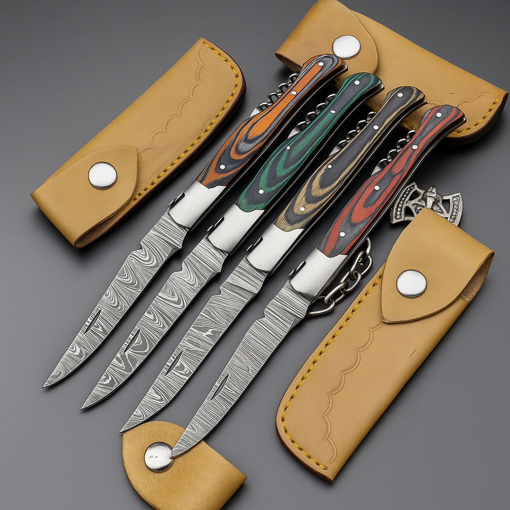 LOT OF 4 PCS! CUSTOM  Handmade Damascus Folding Pocket Knife – 8" – Multicolor Wood Handle | Slip Joint | SN-646