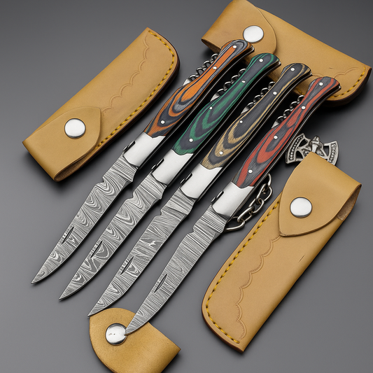 LOT OF 4 PCS! CUSTOM  Handmade Damascus Folding Pocket Knife – 8" – Multicolor Wood Handle | Slip Joint | SN-646
