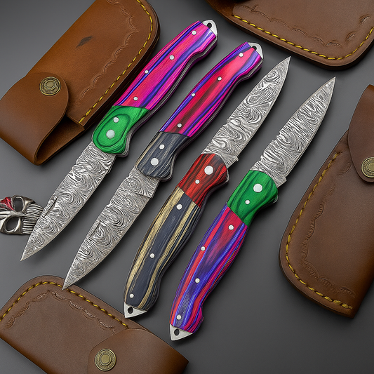 4 PCS Handmade Damascus Folding Knife Set – 7"Multicolor Wood Handle With Leather Sheath | SN-732