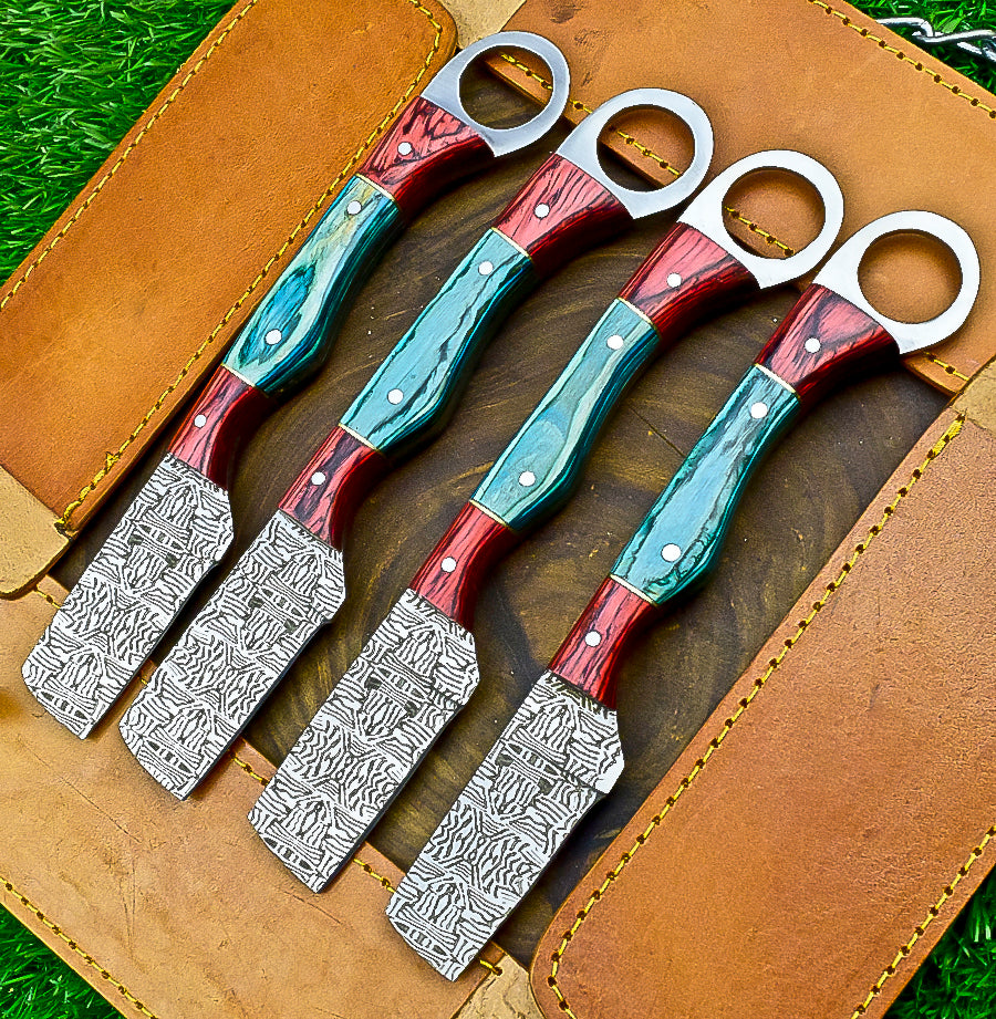 4-Piece Handmade Straight Razor Set – 8.25" J2 Steel Etched Blade, Pakka Wood Handle with Brass Pins &amp; Leather Sheaths