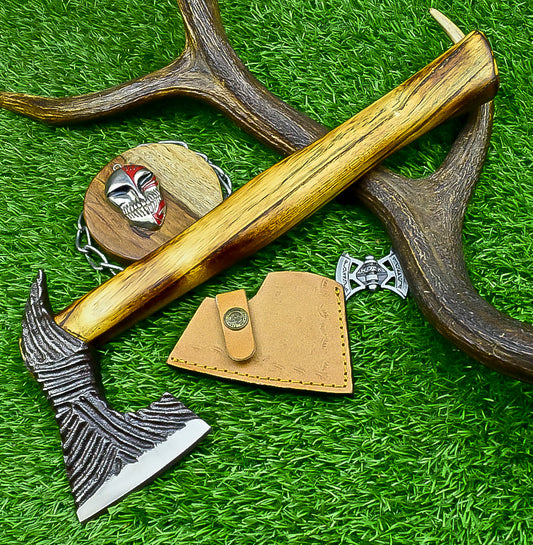 Carbon Steel Tomahawk Axe – 15" Camping Hatchet with Natural Wood Handle | Survival Tool