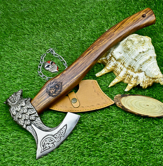 Ragnar Viking Axe – 21" Hand-Forged Carbon Steel Axe W/ Rosewood Handle & Leather Wrap | Camping Axe with Sheath