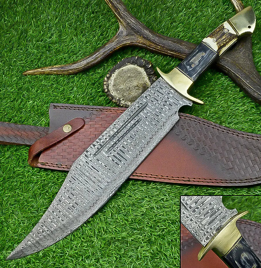 21-Inch Damascus Steel Bowie Knife with Stag Horn and Hardwood Handle SHKWORKS