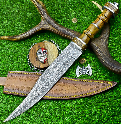 18.5" Custom Hand forged J2 Steel Blade , Engraved Bowie Knife – Natural Wood Handle | Hand-Forged Collectible Knife