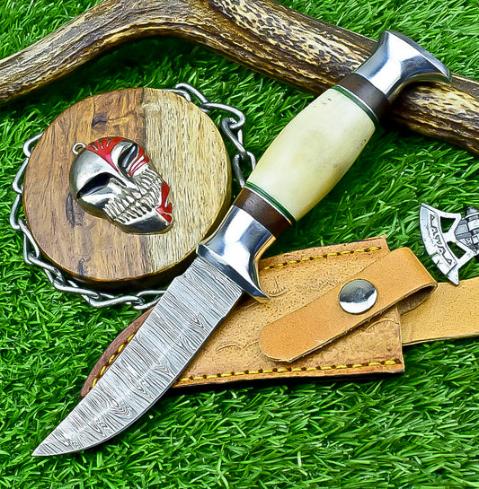 Handmade Damascus Hunting Knife with Sheath – 9" Camel Bone &amp; Rosewood Handle | Gift for Him