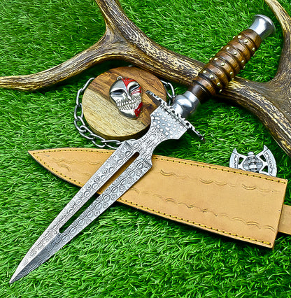Damascus Steel Double Blade Fantasy Dagger with Leather Sheath and Bleach Mask Keychain | SN-787